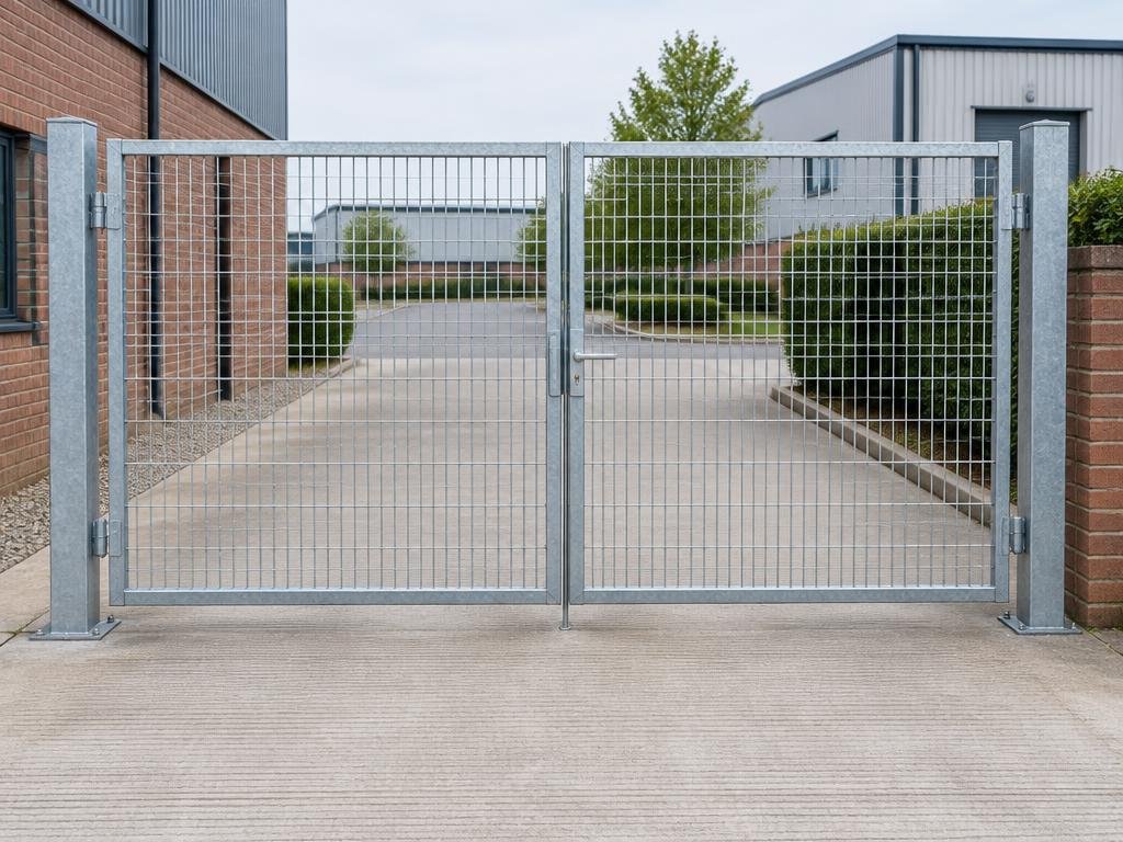 Pair of galvanised welded-mesh commercial gates hinged between square posts at a UK business entrance