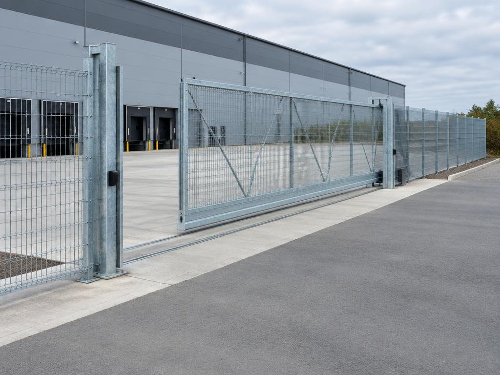 Long galvanised mesh gate sliding parallel to matching fencing at a UK distribution building