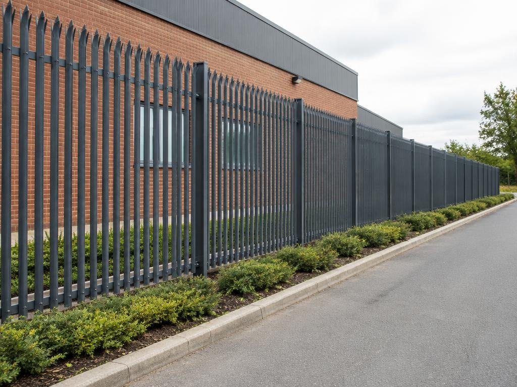 Continuous charcoal palisade fence running along a landscaped brick industrial building