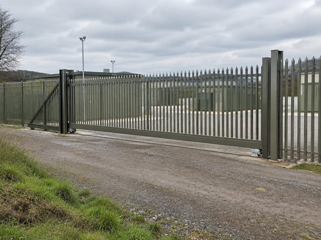 Single olive-grey palisade sliding gate running beside a fenced UK commercial compound
