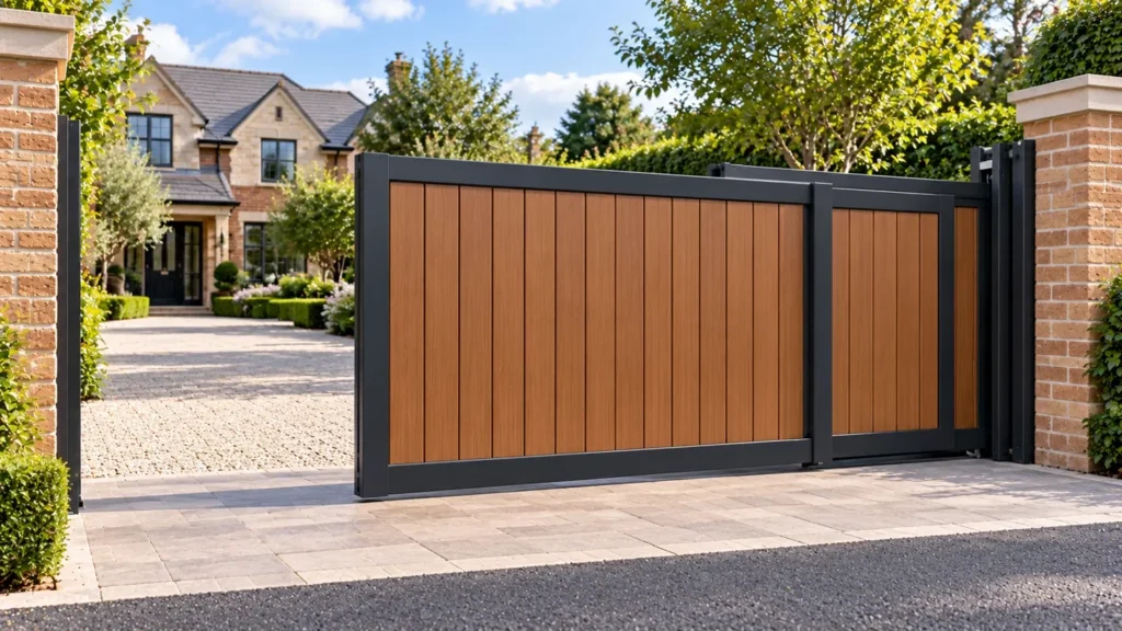 Wood-effect composite telescopic sliding gate with overlapping panels in black frames between brick pillars.