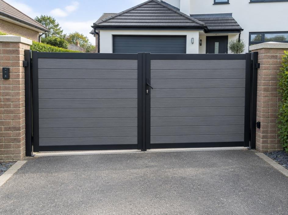 Grey composite double driveway gates