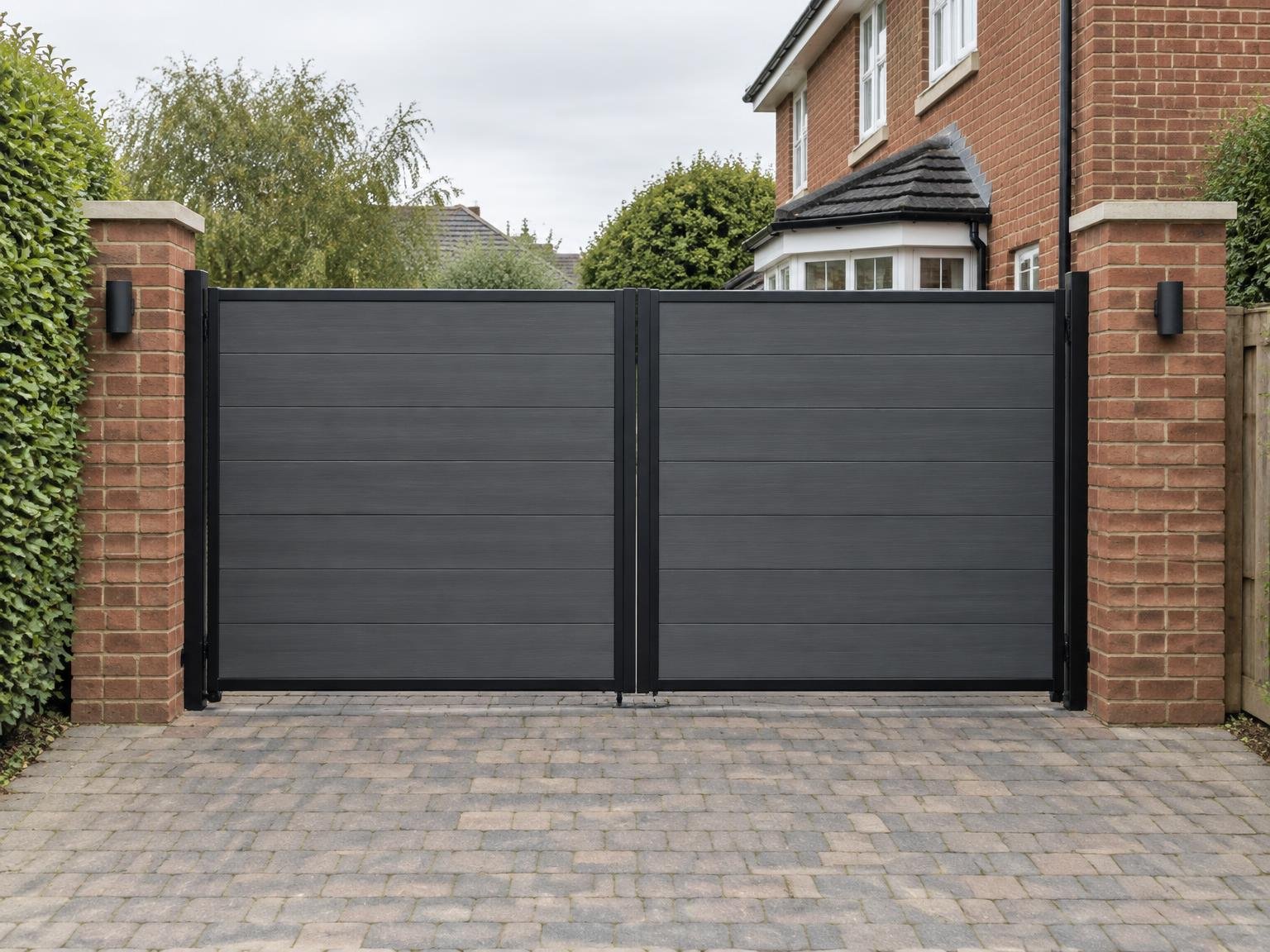 Grey composite double driveway gates between red brick pillars