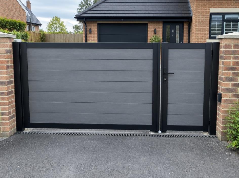 Composite driveway gates with unequal leaves