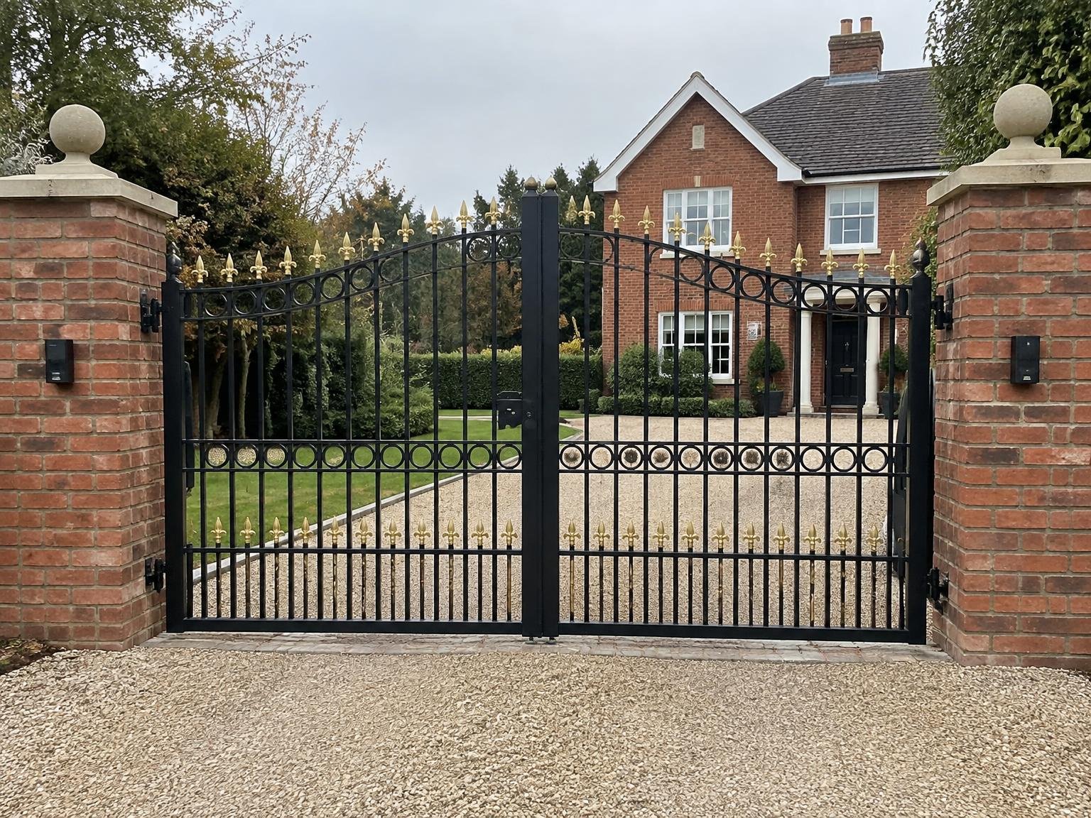Black metal double driveway gates with gold finials between red brick pillars
