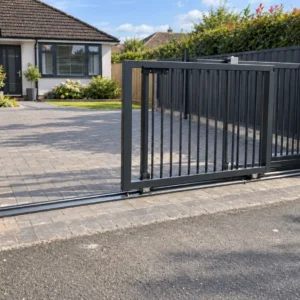 Black telescopic sliding gate with overlapping vertical-bar panels, ground tracks and a motor.