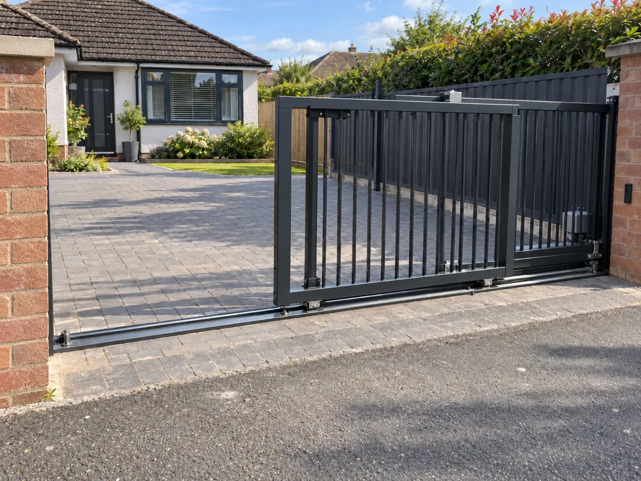 Black telescopic sliding gate with overlapping vertical-bar panels, ground tracks and a motor.