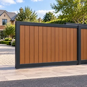 Wood-effect composite telescopic sliding gate with overlapping panels in black frames between brick pillars.